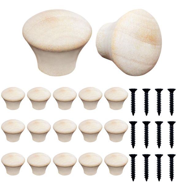 AUXBC 20pcs Mini Wood Cabinet Knobs Unfinished Furniture Pulls DIY Decorative Wooden Drawer Door Handle with Screws, 0.7" x 0.59"