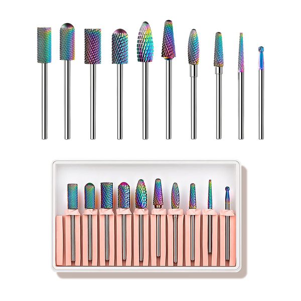 10pcs Nail Drill Bits Set, IAGBIBU Electric Nail Drill Kit Tungsten Carbide Nail Drill Bits for Acrylic Poly Nail Gel Polish, 3/32 inch Professional Nail Bits Manicure Pedicure Remover Home Salon Use