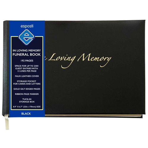 Esposti In Loving Memory Funeral Guest Book | 192 Inner Pages | 2304 Lines for Message Entries | Black Faux Leather Cover | Gold Gilt Edged Pages | Storage Box | Size: 8.9 x 6.7 Inch