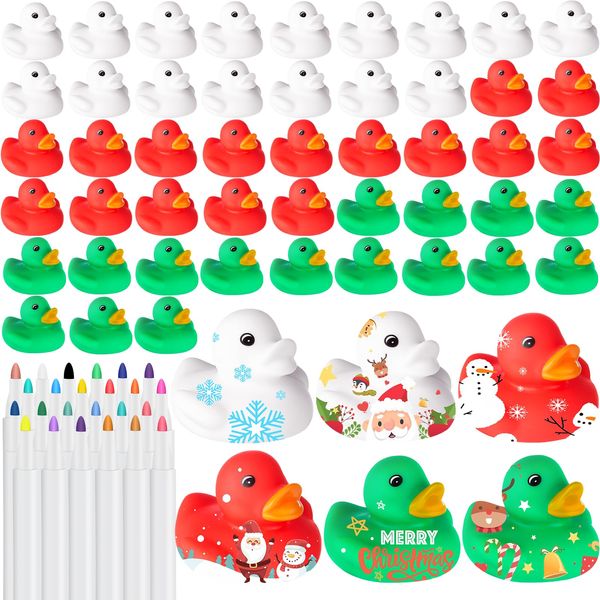 48Pcs Christmas Blank Rubber Ducks in Bulk, 2 Inch DIY Christmas Rubber Ducks with Pens of 24 Colors Float Cute Ducks for Winter Bathtub Birthday Gift Baby Activities Themed Christmas Party Favor