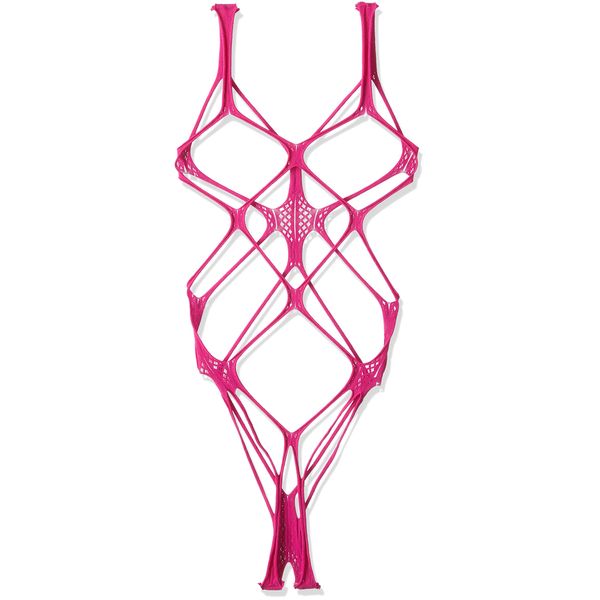 R - Dream Fishnet Stockings Bodysuit Lingerie With Open Crotch - safety pink