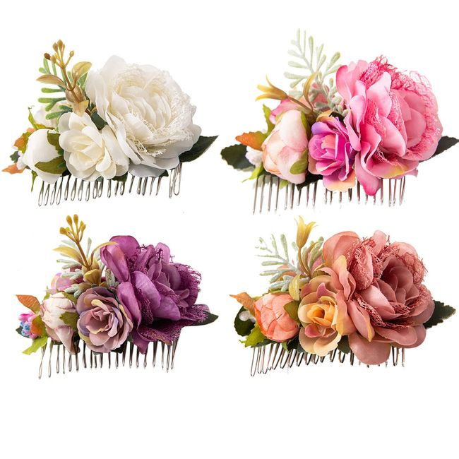 Cinaci 4 Pack Metal Hair Side Combs Slides with Artificial Rose Floral Wedding Bridal Clips Headpieces Hairpins Barretes Bun Chignon Hair Accessories for Women Flower Girls Brides Bridesmaids