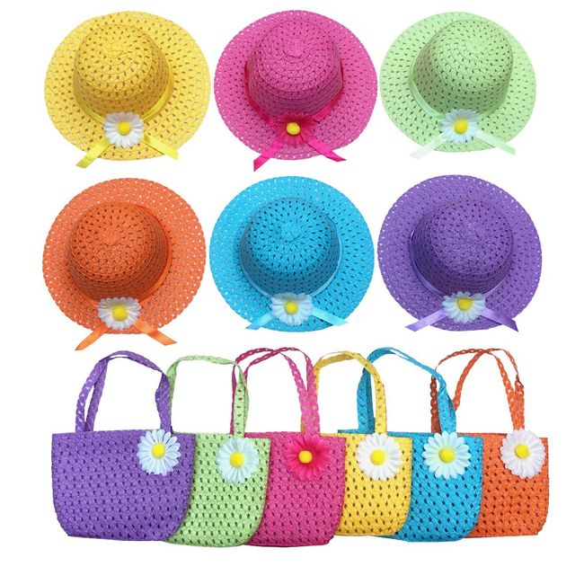 Girls Tea Party Hats and Purse for Kids Child Babe Little Playtime Birthdays Easter Party Supplies Accessories, Includes 6 Purses and 6 Daisy Flower Sunhats（Blue, Rose, Red, Yellow, Purple, Pink）