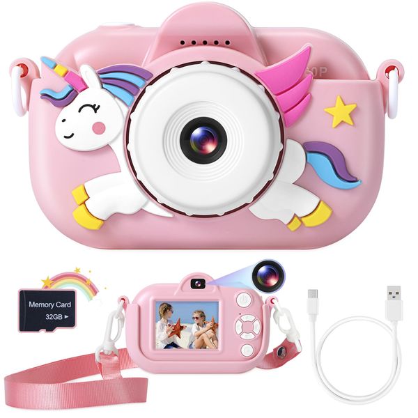 ZUODUN Kids Camera Toys for Girls Age 3-8, Kids Digital Camera Toddler Camera for 3 4 5 6 7 8 Years Old Birthday Gifts, 1080P Video Camera with Cute Protective Cover & 32GB SD Card