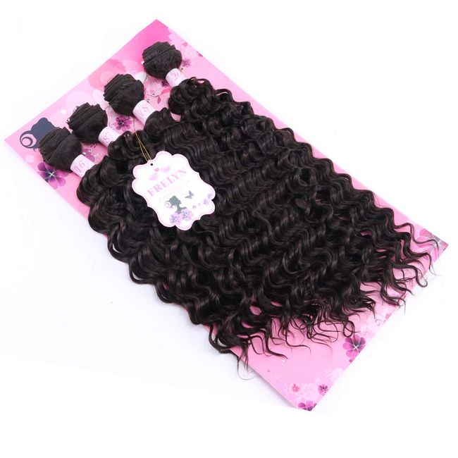 FRELYN Deep Wave Curly Synthetic Hair Weave 4 Bundles Color 2# (16 18 18 20 Inch Mixed), Soft Heat Resistat synthetc Hair Looks Natural