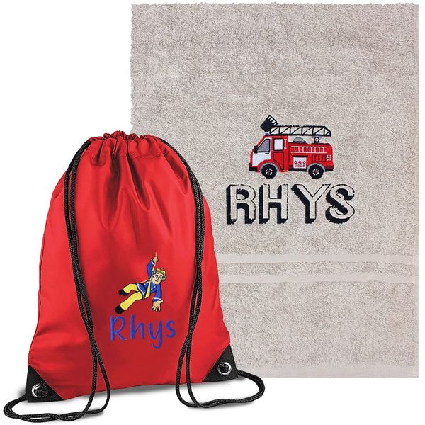 Personalised Fire Engine Swimming Grey Towel and Fireman Sam School Gym Bag Set
