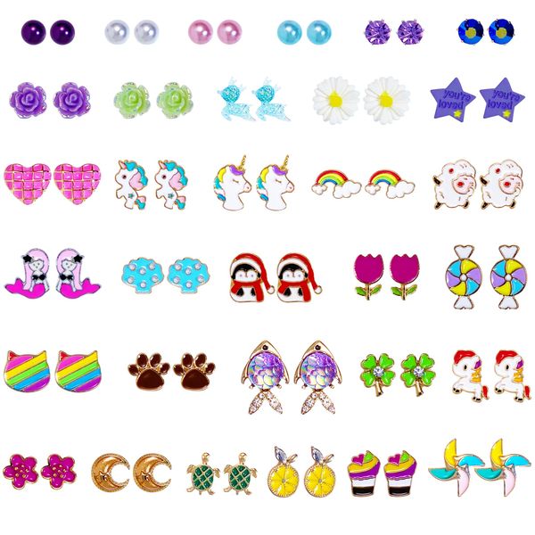 SIELEVIN 32 Pairs Hypoallergenic Stud Earrings for Girls Cute Kids Earrings Set With Stainless Steel Post Pretend Princess Play Earrings Jewelry Set for Teens