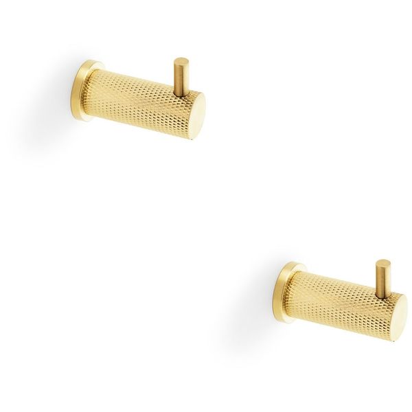 2 Pack - Solid Brass Knurled Single Robe Coat Hook - Wall Mounted Holder - Satin Brass