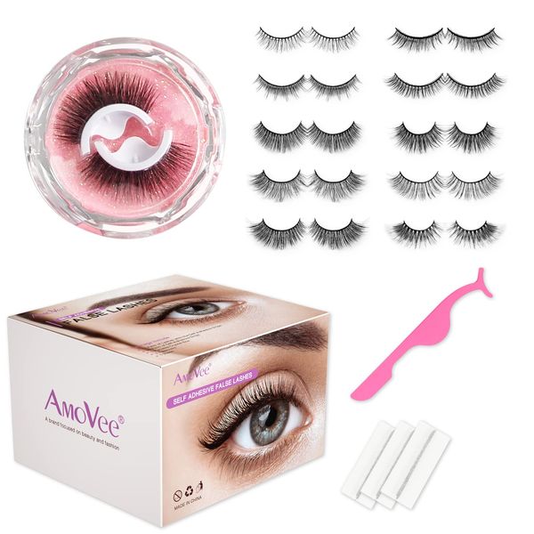 AmoVee Reusable Self Adhesive Eyelashes, 11 pairs Reusable Adhesive Eyelashes, False Lashes Natural Look, Self Adhesive Eyelashes Reusable Self Sticking (Eyelashes Pack of 11 pairs)