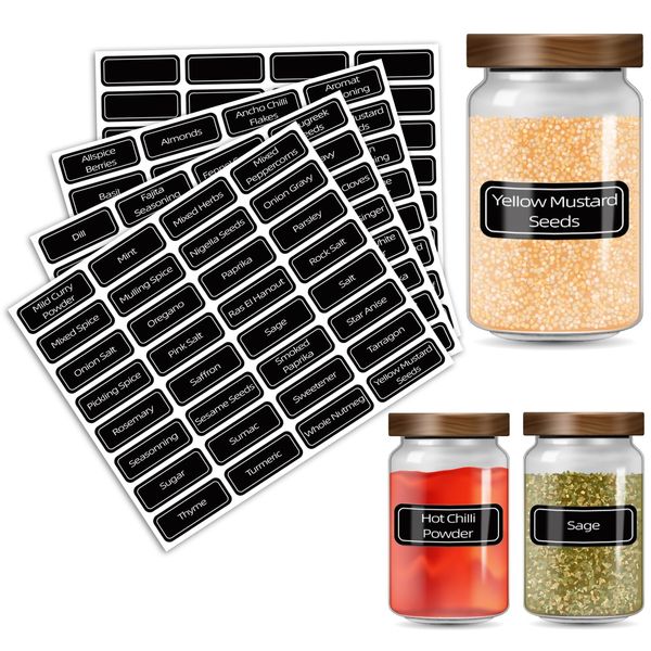 Spice Labels for Jars, Pre Printed Waterproof Self Adhesive Stickers for Kitchen Organization and Pantry Storage, Washable Reusable Tear-Proof Black Seasoning Sticker, 96 Pcs + 32 Free Blank Labels