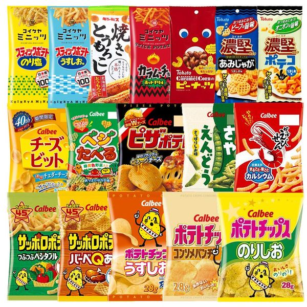 Koikeya Calbee Snacks, 17 Types, Potato Chips, Slim Bag, Pizza Potatoes, Karamucho, Sour Mucho, Chicken Ramen, Consomme Punch, Ushio Seaweed, Salt, Kappa Ebisen, Pea Pea