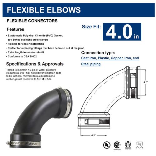 Supply Giant 6I77 Flexible Elbow Coupling with Stainless Steel Clamps, 4.5" Inner Diameter for 4" Nominal Pipe, Black