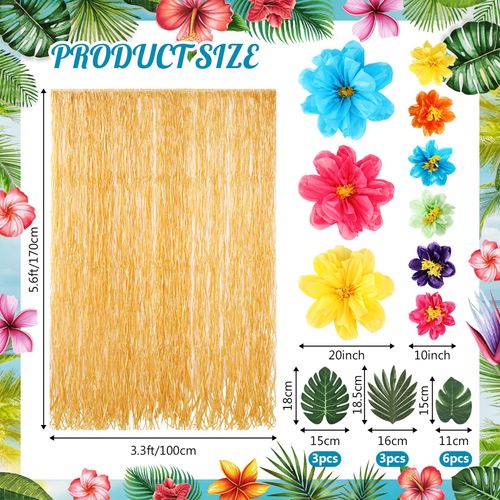 Colingmill 22 Pcs Hawaiian Luau Beach Backdrop with Colorful Paper Flowers Decor Set 5. 6ft x 3. 3ft Luau Grass Backdrop 3D Hibiscus Paper Flower Palm Leaves for Aloha Party Decor(Green Flowers)
