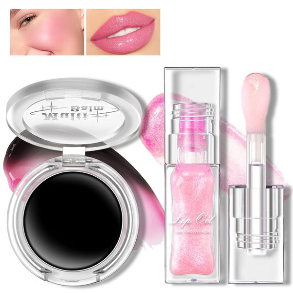 HOSAILY Magic Color Changing Lip Oil Blush Set, Plumping Glimmer Pink Glow Lipstick Moisturizing Transparent Bossup Lip Primer Gloss Tint & Black to Pink Jelly Clear PH Cream Blush for Cheek Makeup