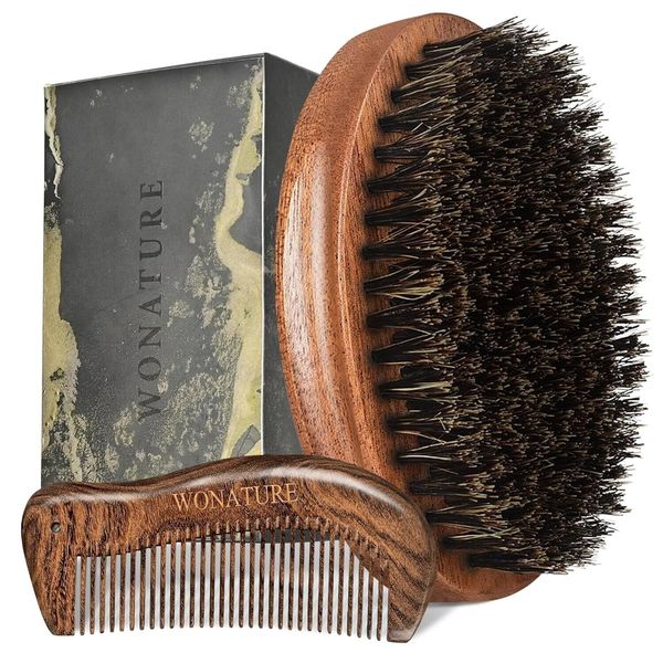 Wonature Boar Bristle Beard Brush Set with Wooden Sandalwood Comb & Travel Pouch