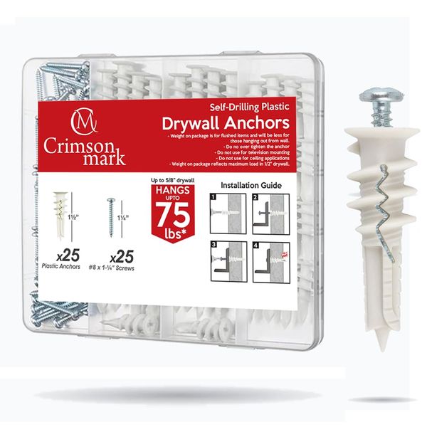 CrimsonMark 50Pcs Self Drilling Drywall Anchors and Screws kit #8 x 1-1/4”- Superb Wall Anchors for Drywall, Holds Upto 75lbs – No Drill Hole Required with These Dry Wall Screws and Anchors