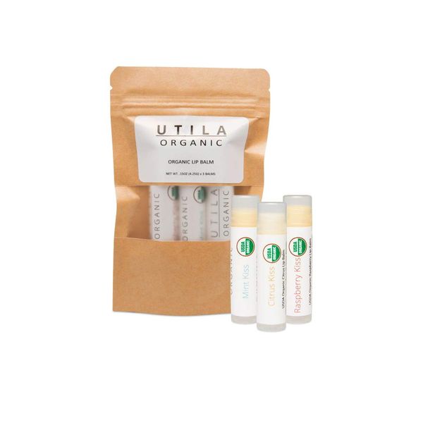 UTILA Lip Trio Organic Lip Balm, Mint, Citrus, Raspberry, Set of 3, USDA Organic Certified