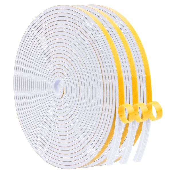 WochiTV Foam Tape Weather Stripping 6mm(W) x 3mm(T) White, Insulation Soundproofing Strips Tape Gasket Seal for Doors and Window Jamb, Sliding door Frame, Total 15m (3 Rolls, 5M Long Each)