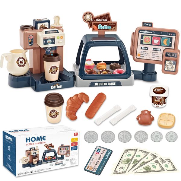 Pretend Play Coffee Maker Toy Role Play Coffee Shop Party Playset with Coffee Machine Cash Registers Toy Food Dessert Donuts Cakes Set Early Learning Funtional Toy for Kids Birthday