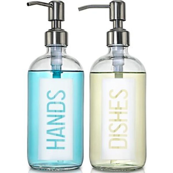 2pack 18oz Glass Soap Dispenser With Rustproof 304 Stainless Steel Pump Kitchen