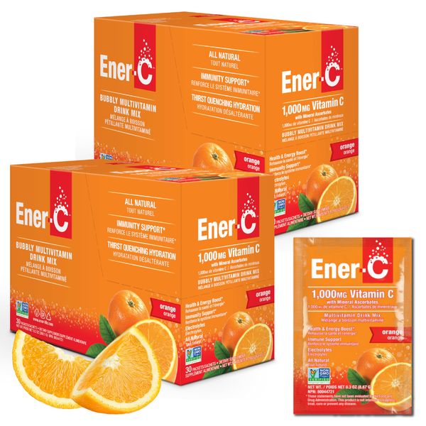 Ener-C Orange Multivitamin Drink Mix Powder Vitamin C 1000mg & Electrolytes with Real Fruit Juice Natural Energy & Immune Support for Women & Men - Non-GMO Vegan & Gluten Free - 60 Count