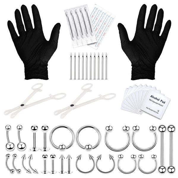 BodyJ4You 36PC PRO Body Piercing Kit | Nose Septum Ear Cartilage Lip Belly Navel Tragus Eyebrow | Surgical Steel 14G 16G BCR CBR Ring Barbell Spike | Tools Needles Gloves Clamps