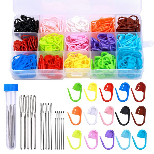 315 Pcs Stitch Needle Clip, 15 Colors Plastic Locking Stitch Needle Clip with 15 Pieces Big Eyes Blunt Sewing Needles Crochet Stitch Markers for Crocheting and Knitting DIY Handicraft Buckle Marker