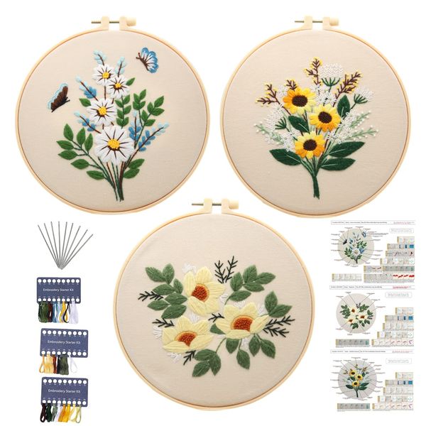 Embroidery Kit for Beginners,Cross Stitch Kits for Adults DIY Craft 3pcs Embroidery Pattern Needlework Fabric Embroidery Thread and Needles 1pcs Embroidery Hoop Adult Stitch Stuff Sewing Kit Gift