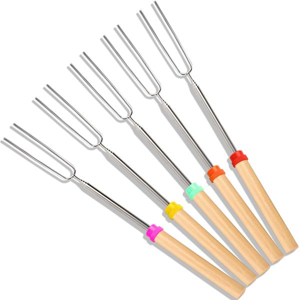 Mluchee 5Pack Smores Sticks Marshmallow Roasting Stick for Fire Pit 32inch Telescoping Sausage BBQ Hot Dog Forks for Camping, Backyard