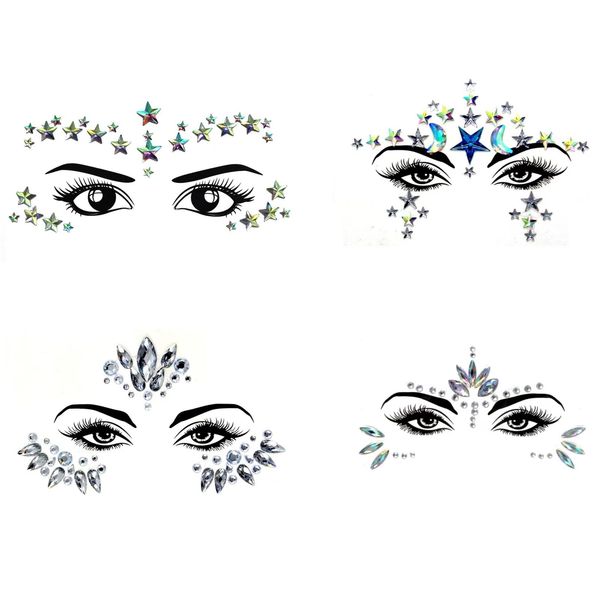 4 Pezzi Brillantini Adesivi di Gemme per Viso, Strass Viso Gemme Adesivi per Musica Festival Festa Vacanze, Viso Glitter Sticker Tatuaggio Temporaneo per Compleanno Carnevale