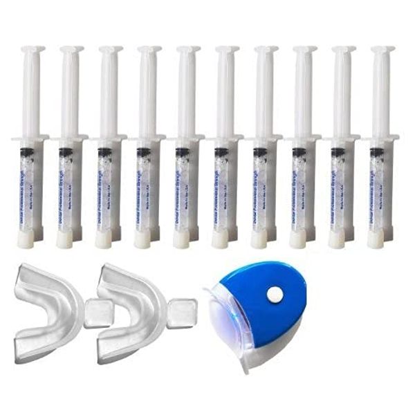 White Teeth Global Branded (TM) 35% Carbamide Peroxide 10 Syringes (10cc) Teeth Whitening Gel - (1) LED Accelerator Light - (2) Trays - (1) Mouth Tray Case - (1) Shade Guide - (1) Instructions Sheet