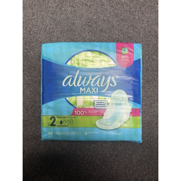 ALWAYS MAXI PADS SIZE 2, LONG, SUPER , UNSCENTED - 42 CT