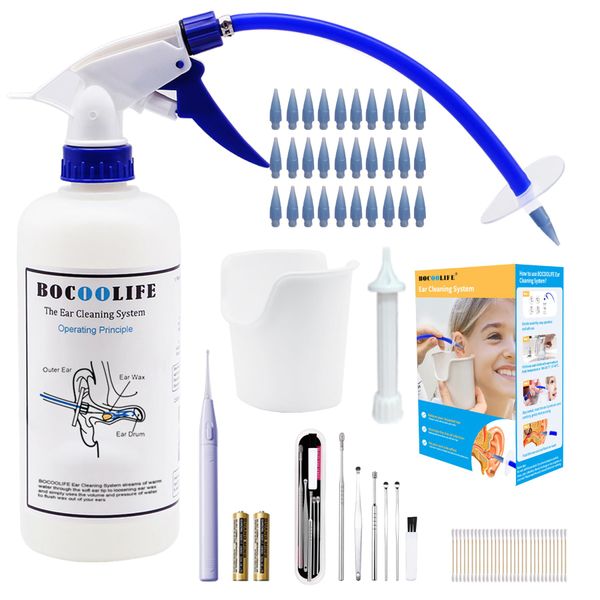 BOCOOLIFE Ear Cleaning Kit, Ear Wax Removal Tool Ears Cleaner, Ear Wash Irrigation Kit with Lighted Ear Curette Pick,Ear Basin,30 Ear Tips,Cotton Swabs,Safe and Easy Clean Ear Blockage Wax of All Ages