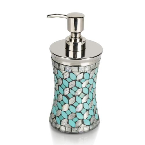 nu steel Sea Foam Soap/ Lotion Pump Dispenser in Aqua Blue/Silver Glass Mosaic/ Stainless Steel for Bathrooms & Vanity Spaces