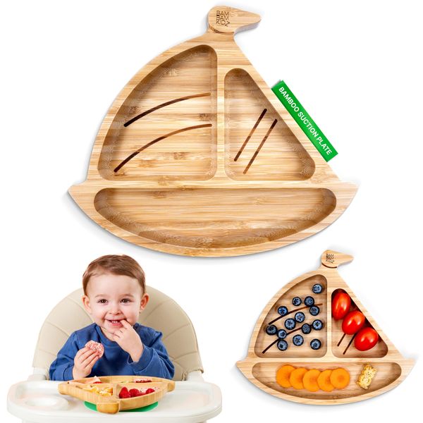 BamBamKidz Bamboo Divided Suction Plate Baby - Strong Suction Toddler Plates - Non-Toxic All Natural Eco Friendly Materials - Sail Boat