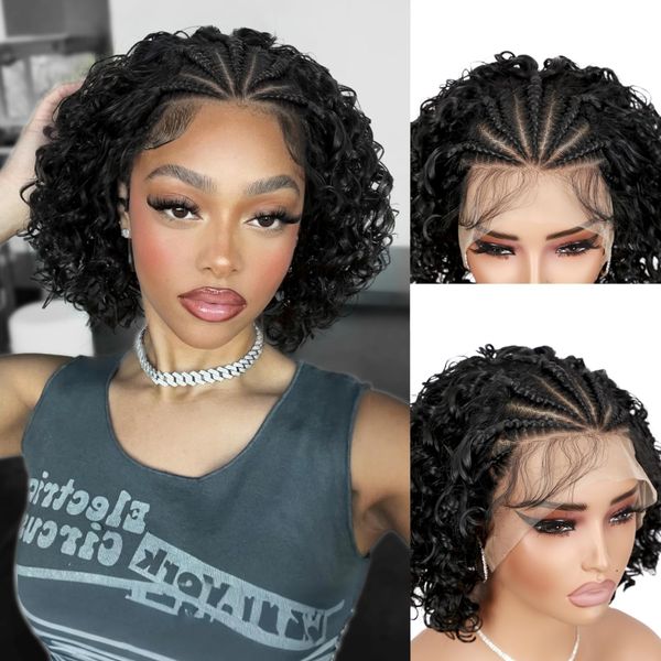 Quick Wig Braided Wigs for Black Women Short Curly Bob Wig 13x4 Lace Front Wigs Pre Braided Handmade Cornrow Wig Glueless Bob Wigs Synthetic Curly Braids Wig Natural Black