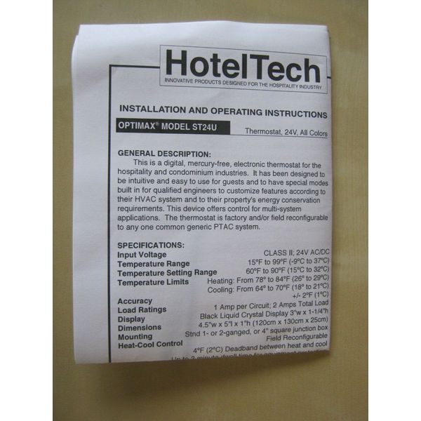 HotelTech Optimax ST24U thermostat installation operating instructions ONLY