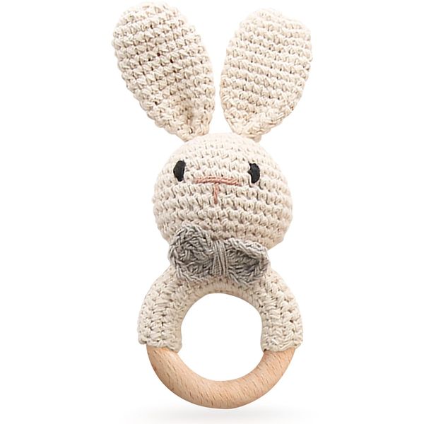 Wooden Baby Rattle, Handcrafted Crochet Bunny Rattles with Wooden Teething Ring, Beige Rabbit Newborn Toy Stuffed Animal Organic Rattle Baby Announcement Ideas Props