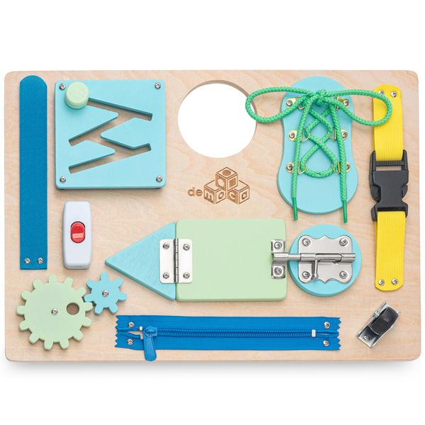 deMoca Montessori Activity Board for Toddlers, Wooden Busy Board with 10 Interactive Educational Activities for Motor Skills Learning, Travel Toy for Plane and Car Boys & Girls, Packaging May Vary