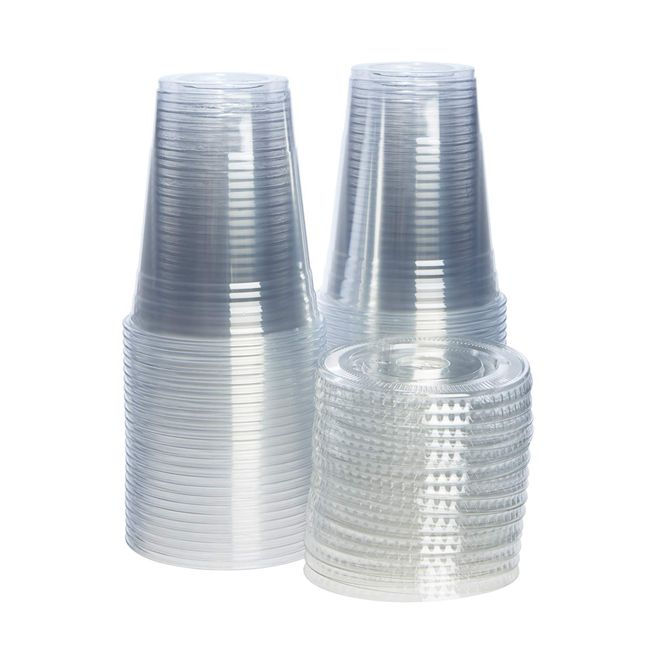 16 oz Crystal Clear Pet Plastic Cups with Flat Lids and Paper Straws (100)