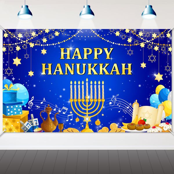 Avezano Happy Hanukkah Banner Hanukkah Party Decorations Jewish Chanukah Party Background Hanukkah Photography Backdrop for Hanukkah Festive Day Indoor Outdoor Party Supplies 70.8 x 43.3 Inch