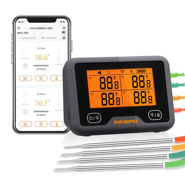 INKBIRD Wi-Fi Bluetooth Barbecue Thermometer IBBQ-4BW Rechargeable Wireless BBQ Thermometer with 4 Probes Temp Graph Calibration Timer Temp Alarm Digital Meat Thermometer