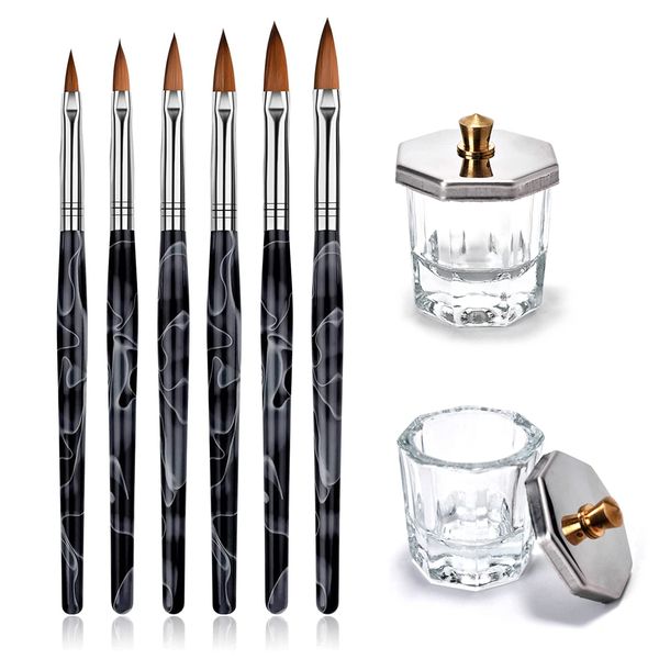 Kalolary 2Pcs Nail Art Dappen Dish with 6Pcs Acrylic Nail Brush Set, Mini Glass Nail Cup with Lid Glass Crystal Bowl Cup Acrylic UV Gel DIY Brush Set Acrylic Liquid Powder Styling Tool(Black Brush)