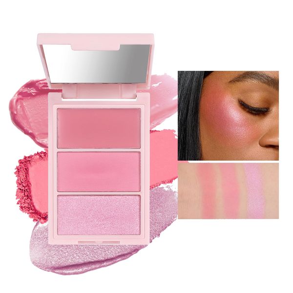 DLZZRS 3D Blush Trio Palette,Multi-Use Makeup Powder Pink Blush Palette Glow Makeup Cream Blush For Cheeks, Lightweight, Smooth, Blendable, Contour & Highlight Face for Shimmery Or Matte Finish(04#）