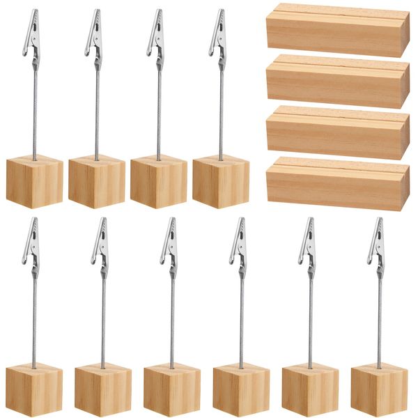 10 PCS Memo Clip Holder Stand with 4 PCS Wooden Place Card Holders, Wood Table Numbers Display Stands Place Card Holders with Metal Alligator Clip for Wedding Party Office Decoration