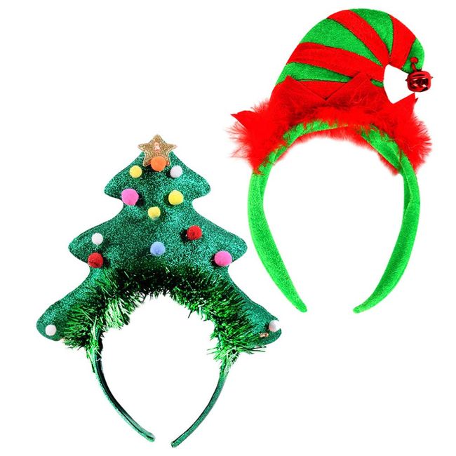 FRCOLOR Christmas Tree Headband Head Bopper,Elf Hat Headband Jingle Bells Headband Christmas Hat Headband for Women,Girls,2pcs(random style)