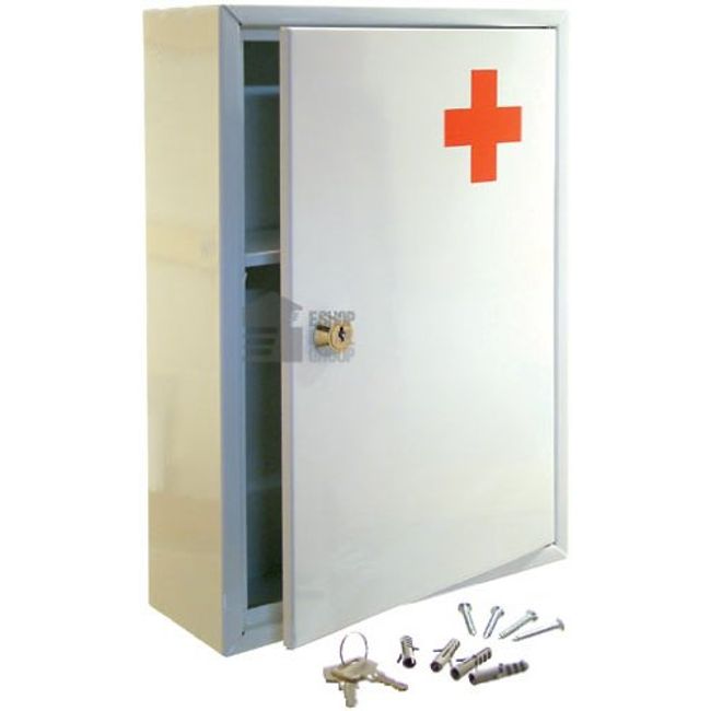 Marksman Wall Mountable Metal Medical Cabinet In Glossy White Finish With Red Cross Insignia