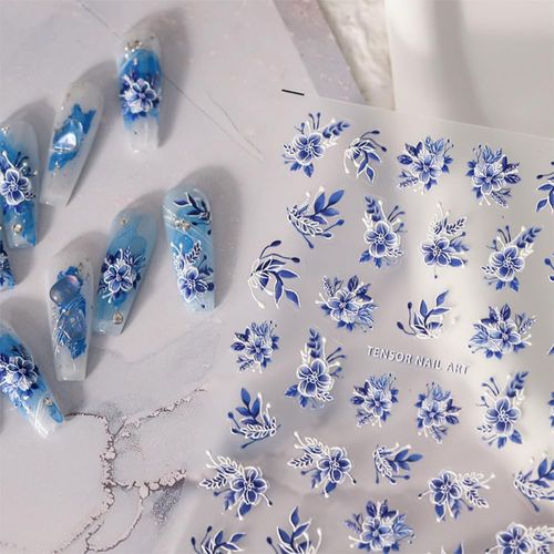 Flower Nail Art Stickers Decals Pink White 5D Embossed Nail Decals Blue White Flowers Self-Adhesive Nail Art Supplies for Women