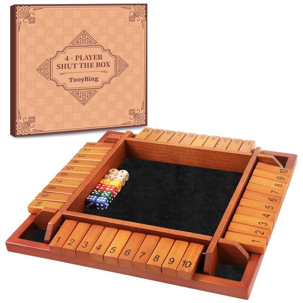 TooyBing Upgraded 1-4 Players Shut The Box Dice Game, Wooden Board Table Family Game for Kids and Adults with 12 Dice, Classic Tabletop Math Game for Pub Classroom Party, Gift for Christmas Birthday