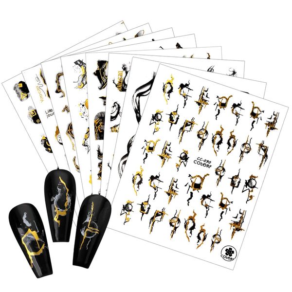 Adesivi Unghie 9 Fogli Autoadesivi Nail Art Stickers, Autoadesivo Linea Astratta Adesivi per Unghie Decalcomanie Decorazioni per Unghie Donna, per Nail Art Autoadesivi Decorazioni Accessori (Oro nero)